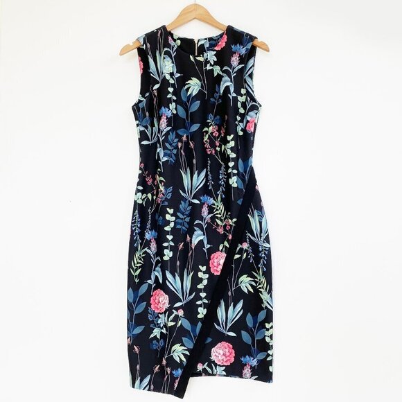 Tommy Hilfiger Sleeveless Dark Floral Sheath Dress Size 4 Party Asymmetric Hem - Picture 2 of 14